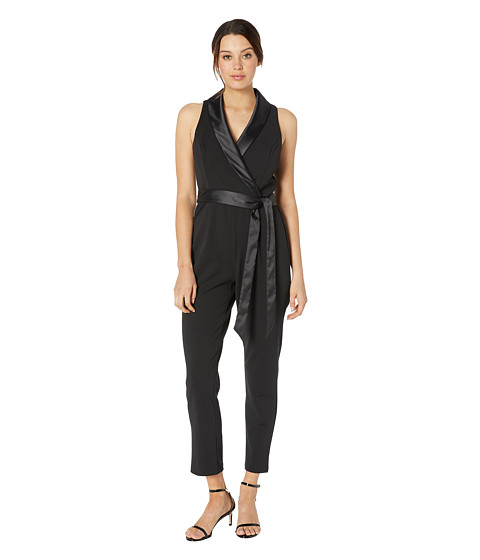 Imbracaminte Femei Adrianna Papell Knit Crepe Wrap Top Sleeveless Jumpsuit with Stretch Charmeuse Collar Black
