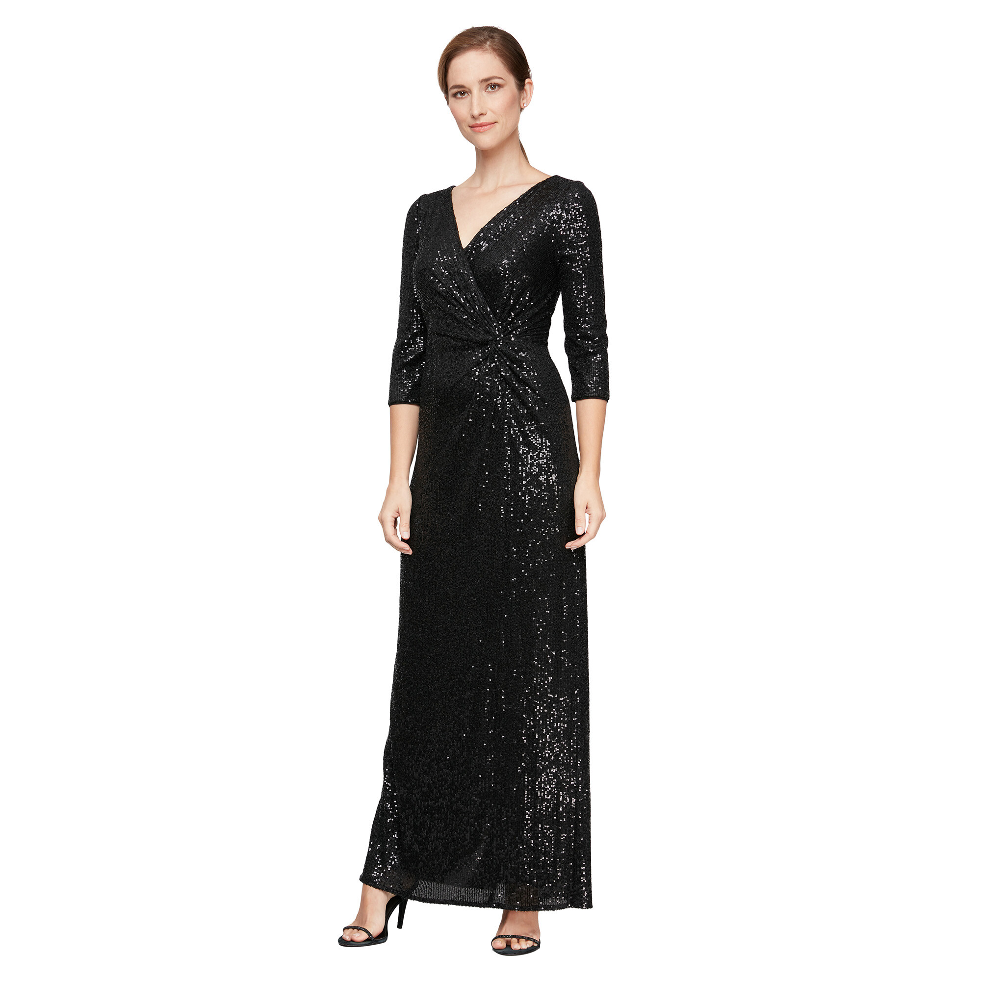 Imbracaminte Femei Alex Evenings Long Sequin Column Dress with Knot Front Detail Black