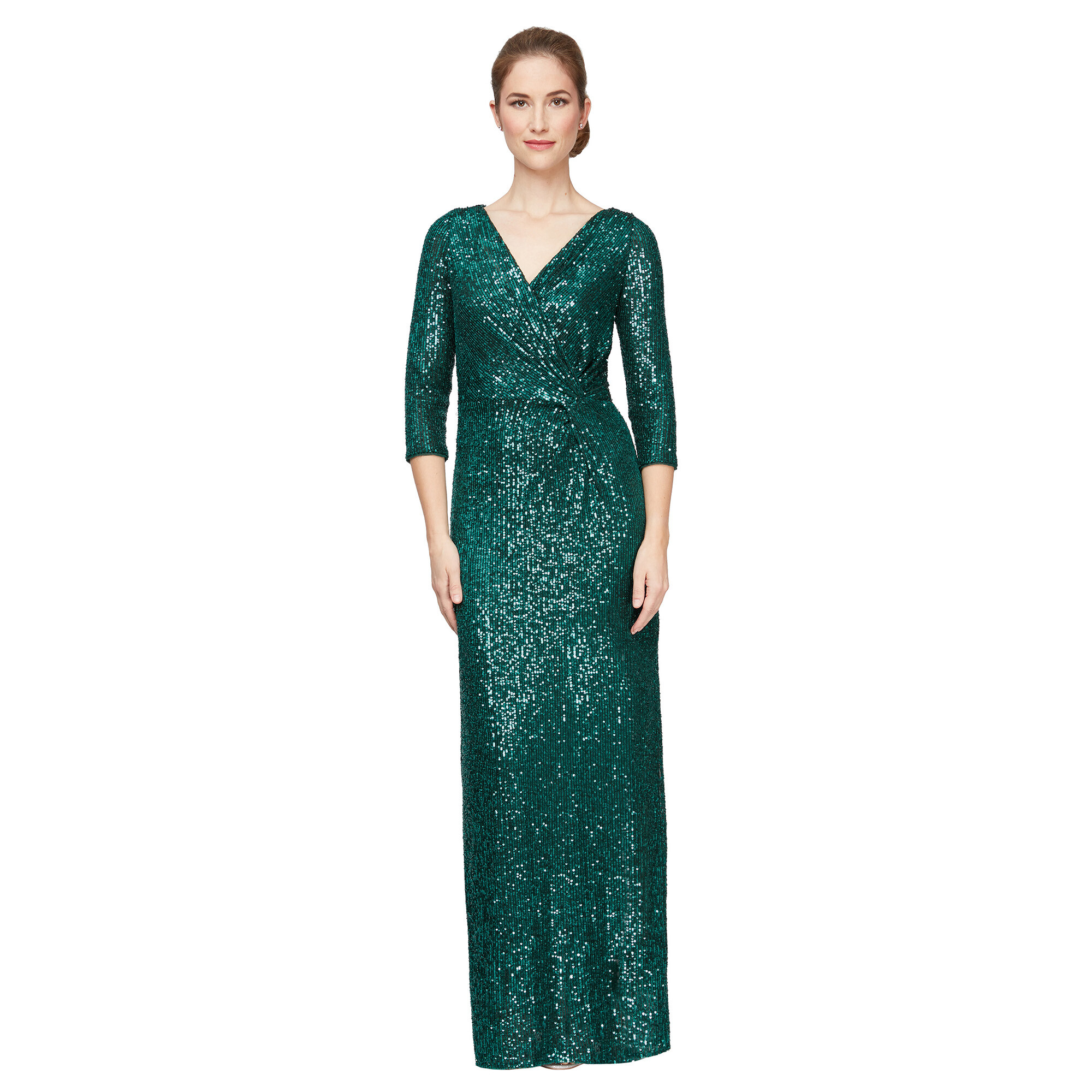 Imbracaminte Femei Alex Evenings Long Sequin Column Dress with Knot Front Detail Emerald Sequin