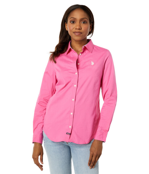 Imbracaminte Femei US Polo Assn Long Sleeve Solid Stretch Poplin Shirt Pink Sangria