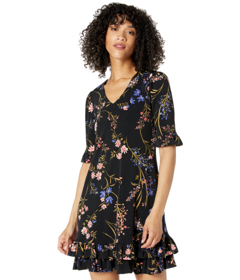 Imbracaminte Femei CeCe Short Sleeve Ruffled Garden Flora Knit Dress Rich Black