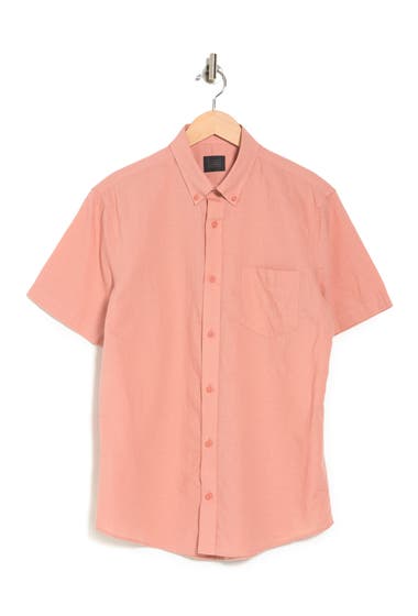 Imbracaminte Barbati 14th Union 14TH AND UNION Short Sleeve Woven Trim Fit Linen Blend Shirt Pink Glass image0