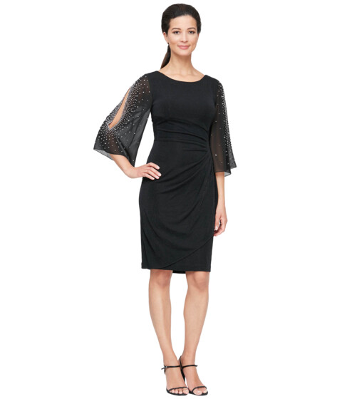 Imbracaminte Femei Alex Evenings Short Sheath Dress with Embellished Illusion Split Sleeves and Skirt Black
