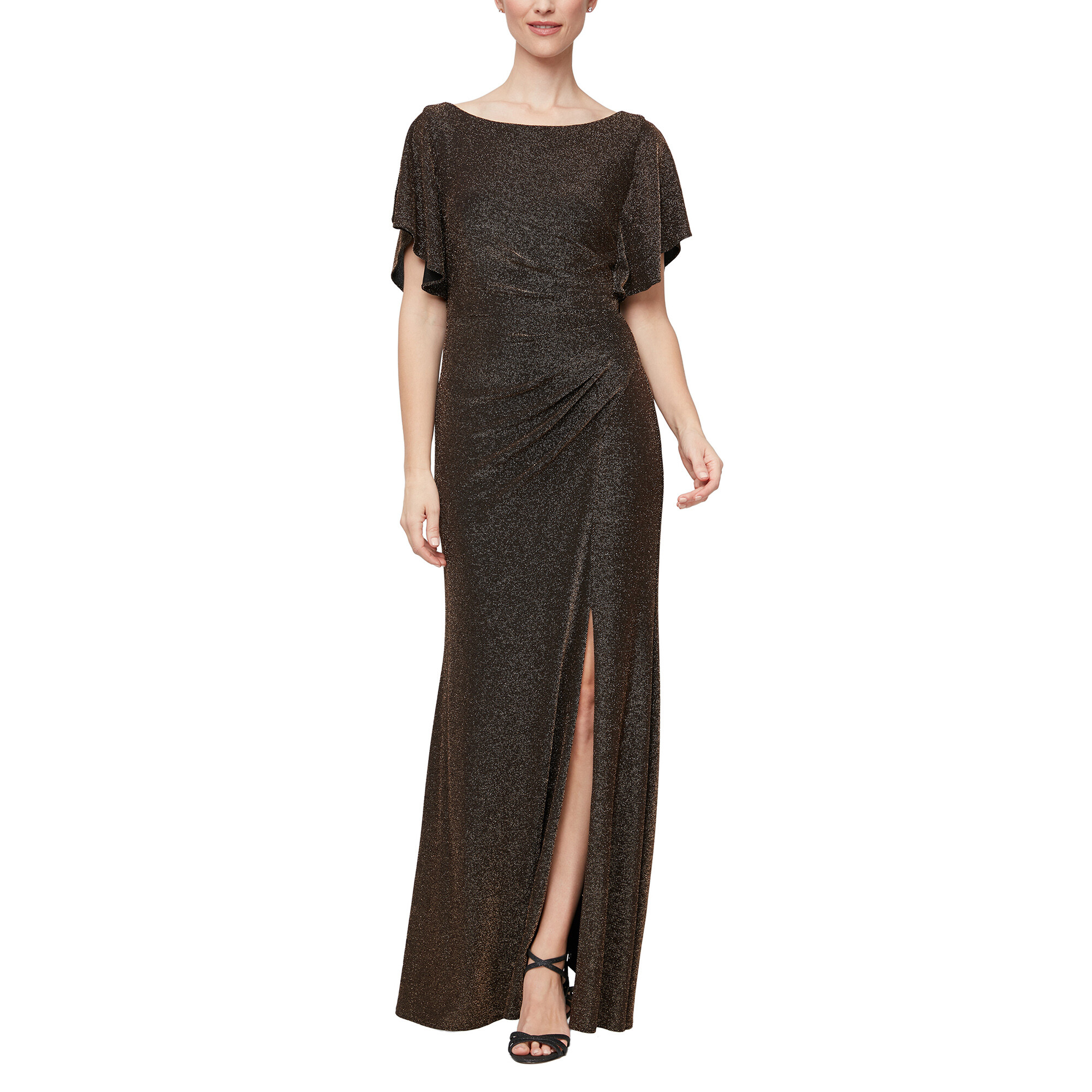 Imbracaminte Femei Alex Evenings Long Flutter Sleeve Dress with Ruche Waist Detail and Front Slit Black Gold