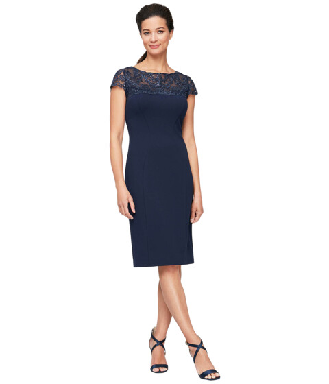 Imbracaminte Femei Alex Evenings Short Sheath Dress with Embroidered Illusion Neckline and Cap Sleeves Navy