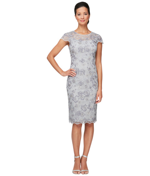 Imbracaminte Femei Alex Evenings Short Embroidered Sheath Dress with Illusion Neckline and Scallop Detail Dove