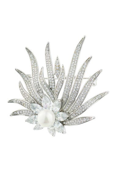 Bijuterii Femei CZ By Kenneth Jay Lane Pave CZ Marquise Flower 95-10mm Freshwater Pearl Brooch White Clear Silver