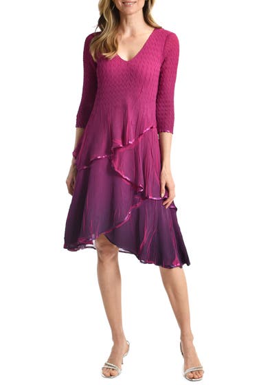 Imbracaminte Femei KOMAROV Ombr Tiered Chiffon Charmeuse Cocktail Dress Imperial Plum Blue Ombre