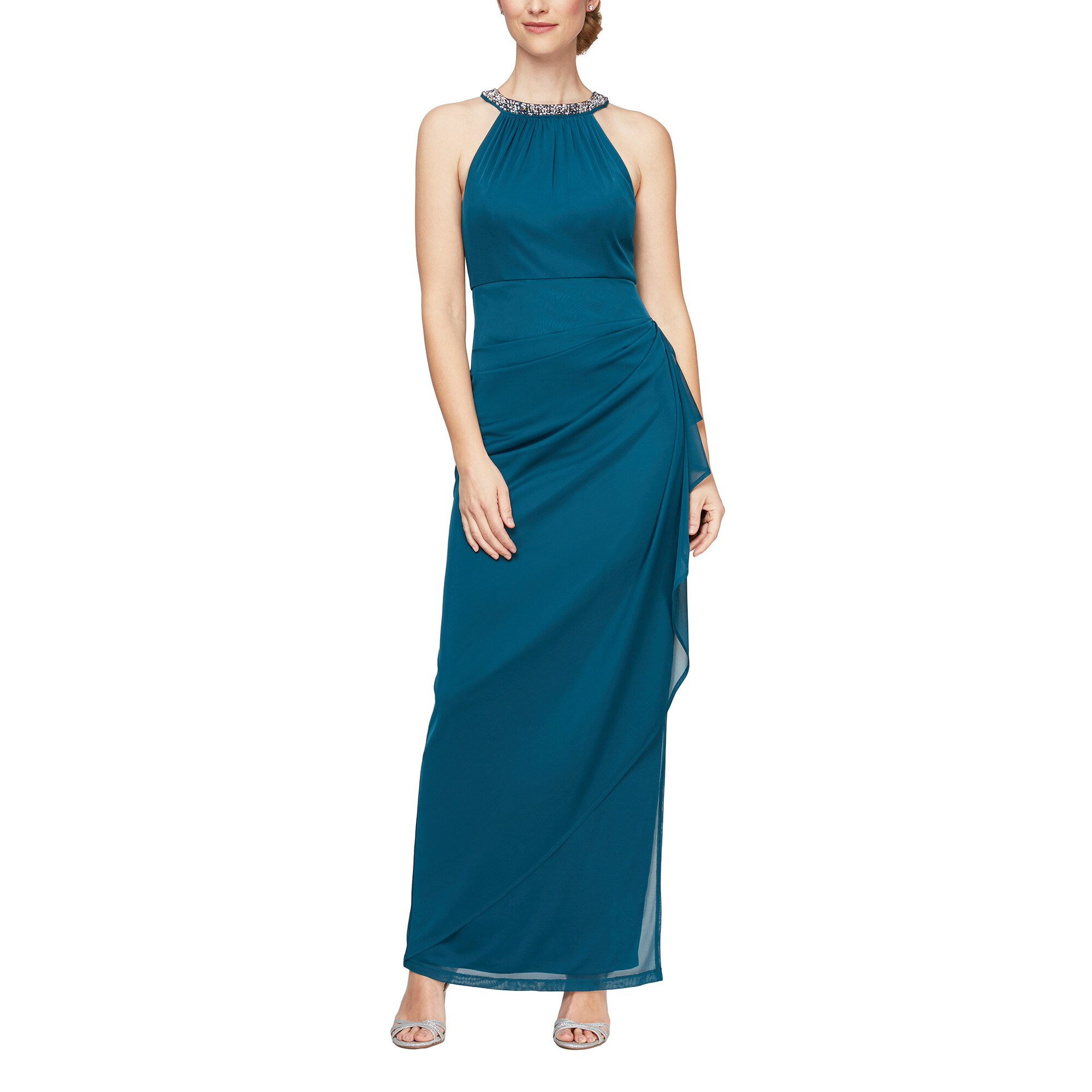 Imbracaminte Femei Alex Evenings Beaded Halter Long Gown with Side Ruching Peacock