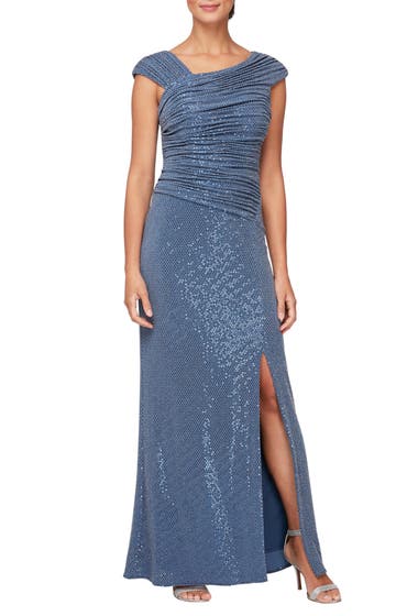 Imbracaminte Femei Alex Evenings Sequin Ruched Neck Sparkle Knit Gown Wedgewood