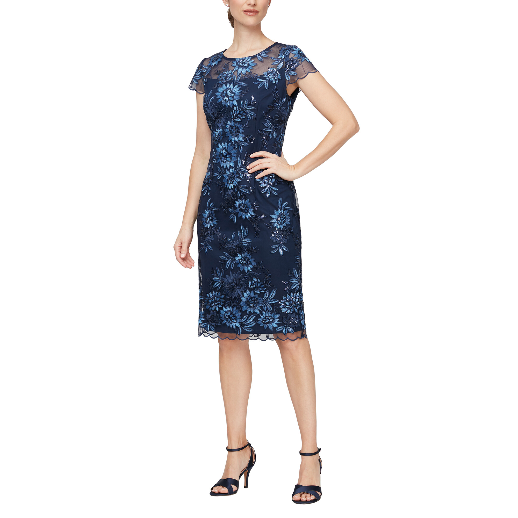 Imbracaminte Femei Alex Evenings Midi Length Embroidered Cap Sleeve Dress with Illusion Neckline and Scallop Detail Hem Navy