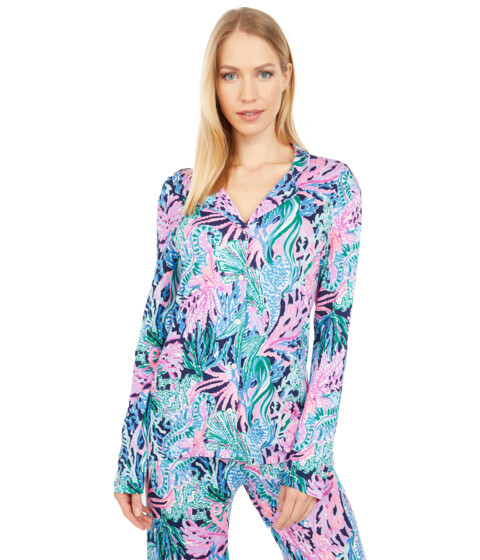 Imbracaminte Femei Lilly Pulitzer Pj Knit Long Sleeve Button-Up Top High Tide Navy Bringing Mermaid Back image0
