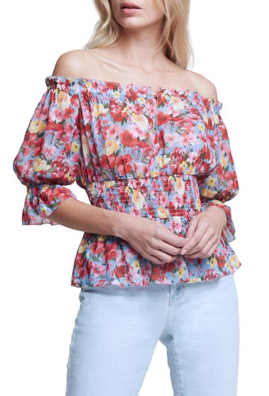 Imbracaminte Femei LAGENCE LAGENCE Aubriella Floral Smocked Off the Shoulder Top PeriwinkleRed Summer Bouquet image12