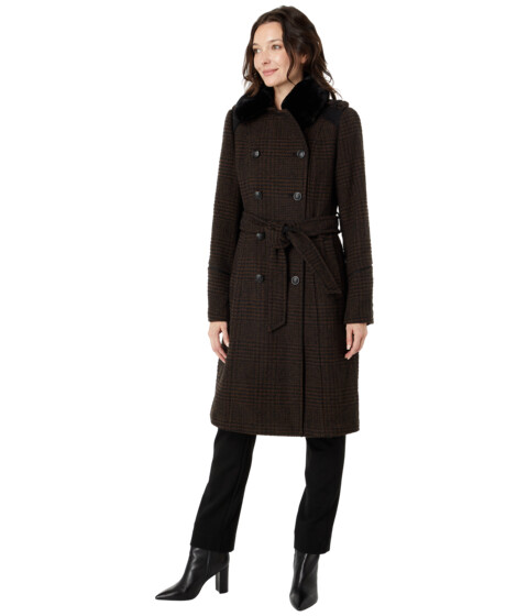 Imbracaminte Femei Vince Camuto Double-Breasted Belted Wool Coat with Faux Fur Collar V20731-ME BlackBrown Plaid