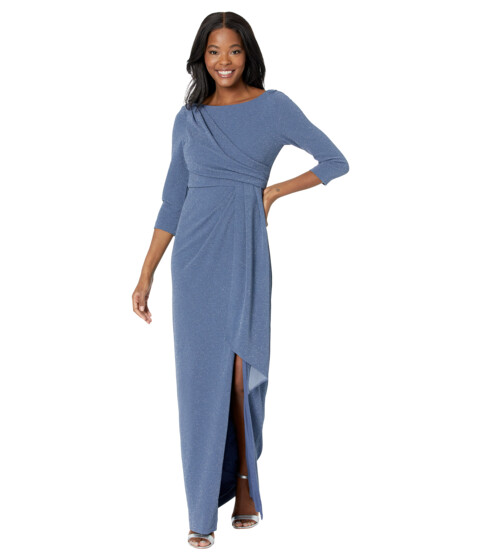 Imbracaminte Femei Adrianna Papell Long Sleeve Metallic Knit Side Draped Gown Steel Blue