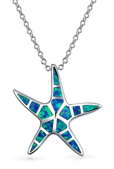 Bijuterii Femei Bling Jewelry Rhodium Plated Sterling Silver Created Blue Opal Inlay Starfish Pendant Necklace Silver image