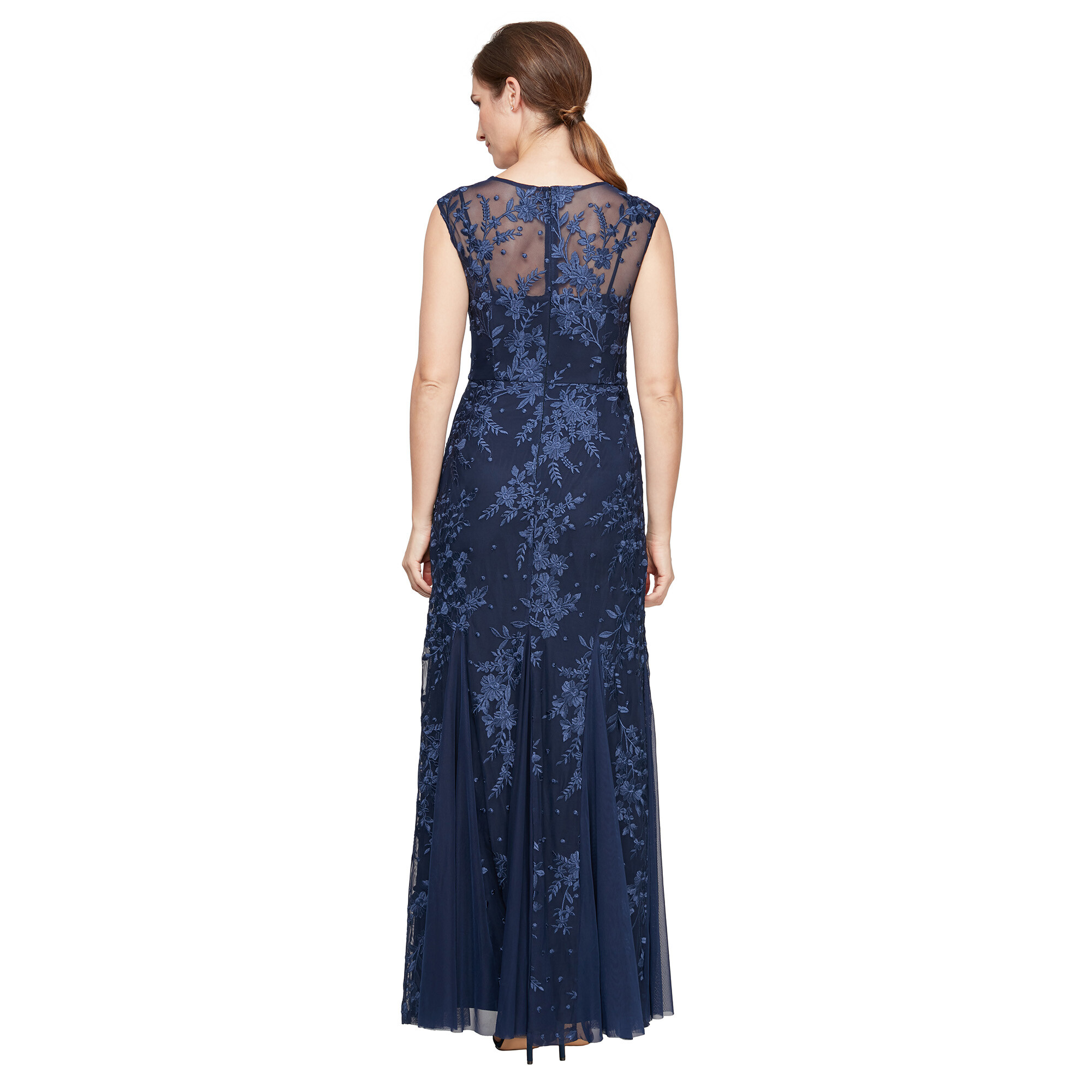 Imbracaminte Femei Alex Evenings Long Cap Sleeve Embroidered Dress with Illusion Neckline and Godet Detail Skirt Navy image1