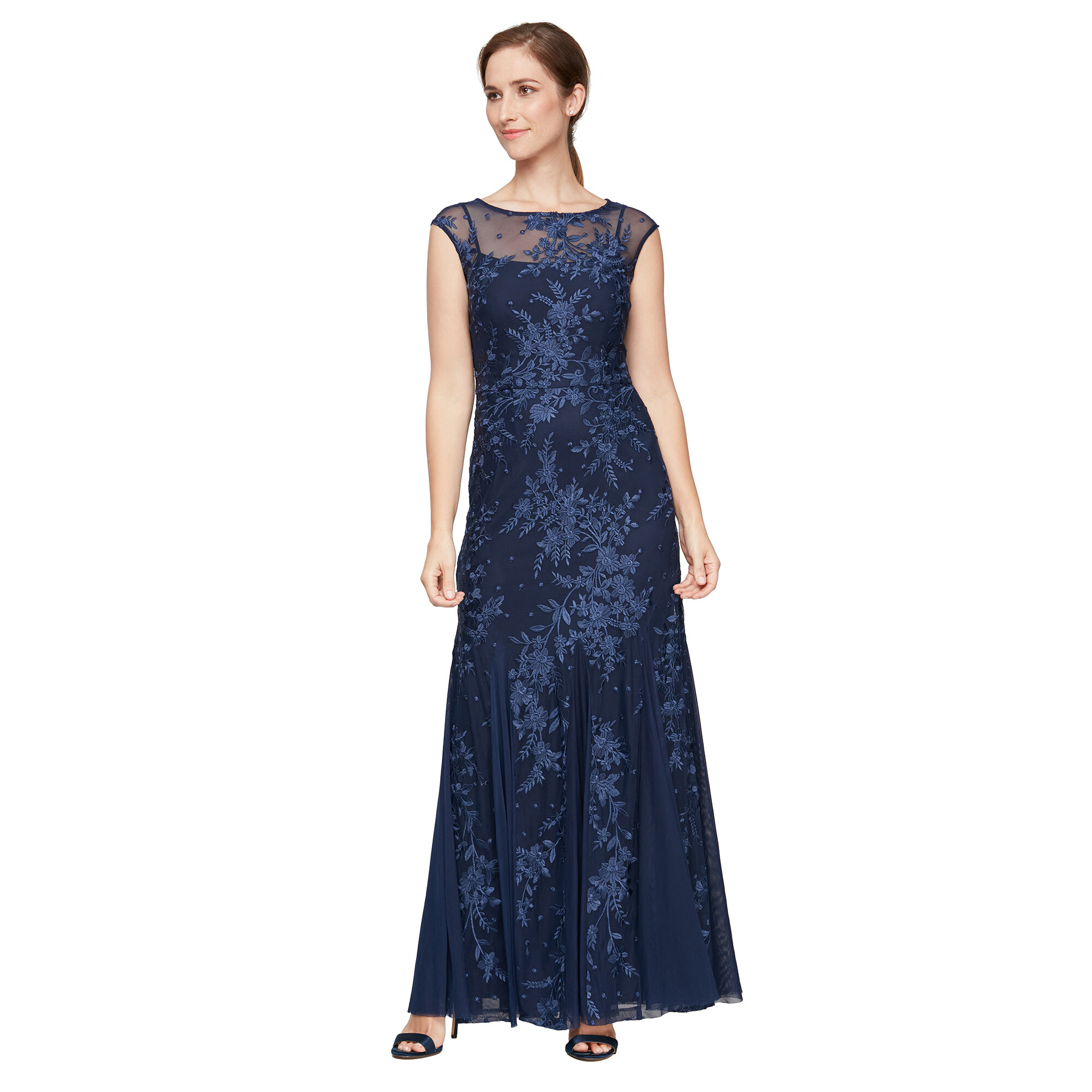 Imbracaminte Femei Alex Evenings Long Cap Sleeve Embroidered Dress with Illusion Neckline and Godet Detail Skirt Navy image