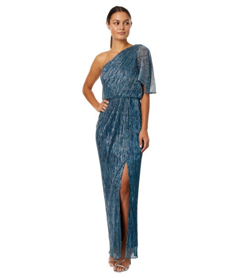 Imbracaminte Femei Adrianna Papell Crinkle Metallic Mesh One Shoulder Column Gown Teal