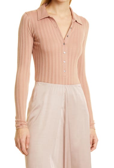 Imbracaminte Femei Vince Ribbed Long Sleeve Cotton Polo Bodysuit Blush Sand image5