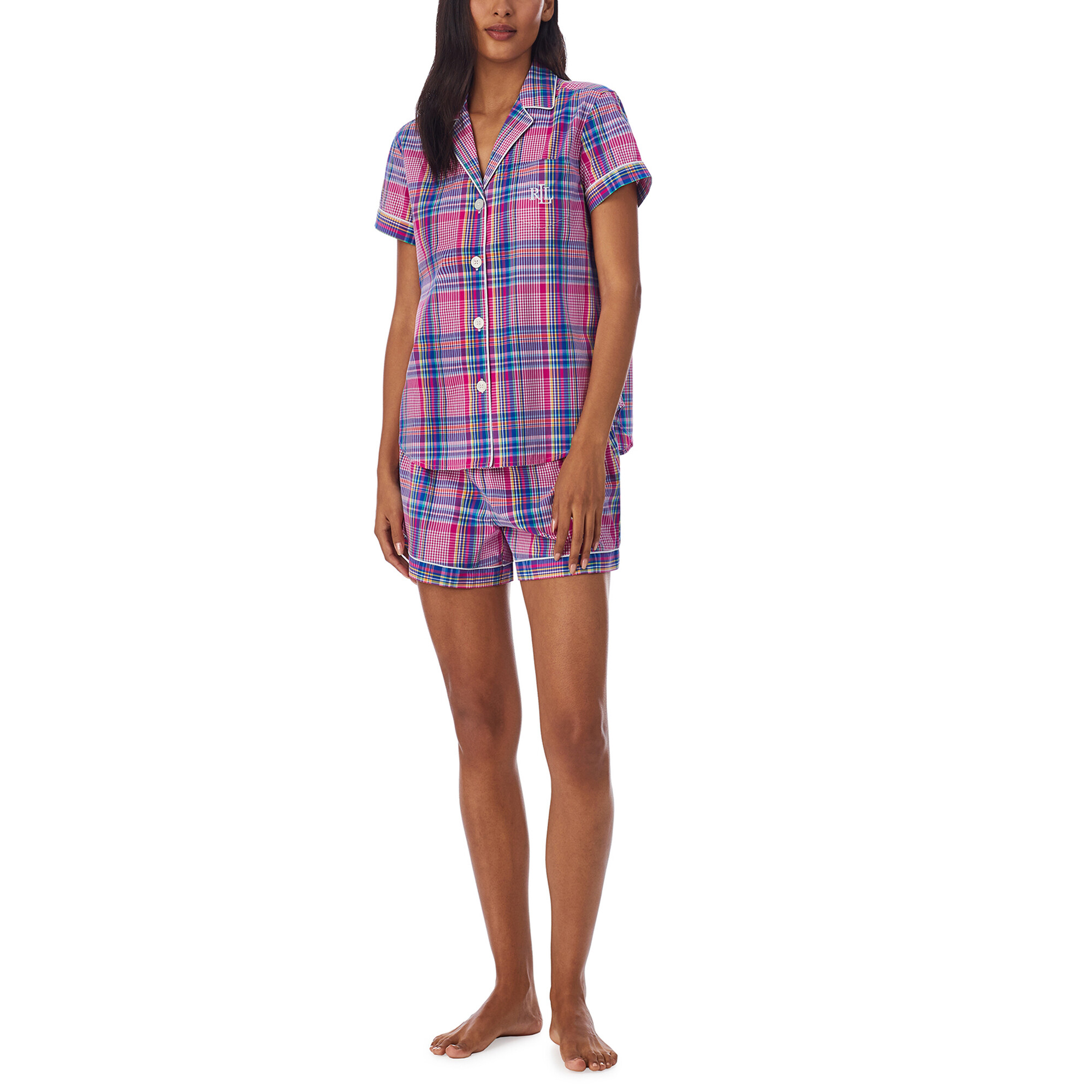 Imbracaminte Femei LAUREN Ralph Lauren Cotton Short Sleeve Boxer PJ Set Pink Plaid image3