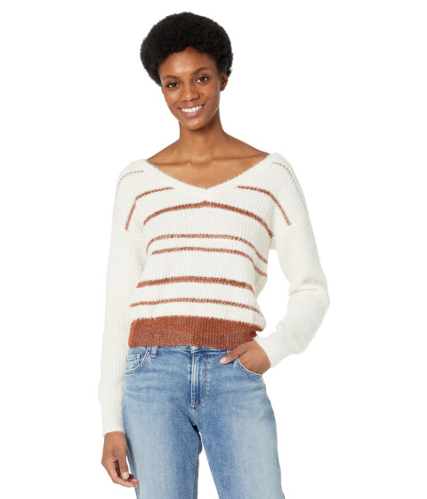Imbracaminte Femei Rock and Roll Cowgirl Stripe Metallic V-Neck Sweater 46-2373 Cream