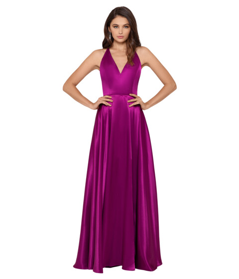 Imbracaminte Femei Betsy Adam Long V-Neck Satin Gown with Open Back Orchid
