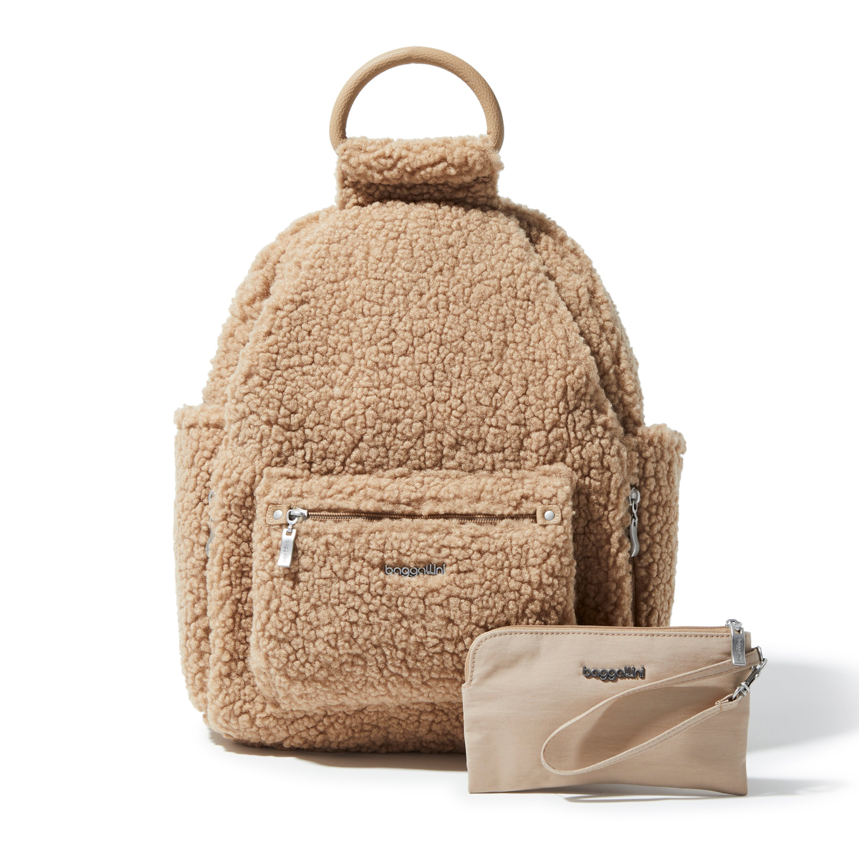 Genti Femei Baggallini All Day Backpack with RFID Phone Wristlet Taupe Faux Shearling