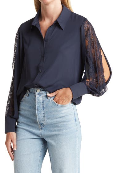 Imbracaminte Femei CURRENT AIR Lace Sleeve Button Front Blouse Navy