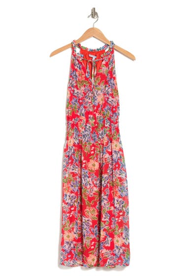Imbracaminte Femei Collective Concepts High Neck Floral Print Smocked Waist Midi Dress Red Multi image2