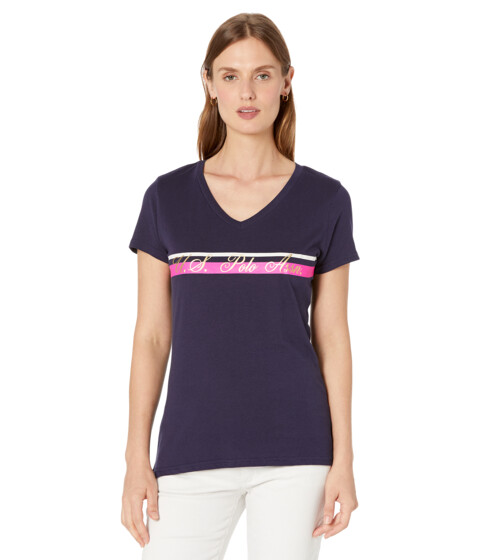 Imbracaminte Femei US POLO ASSN V-Neck Stripe Foil Graphic Tee Shirt Evening Blue