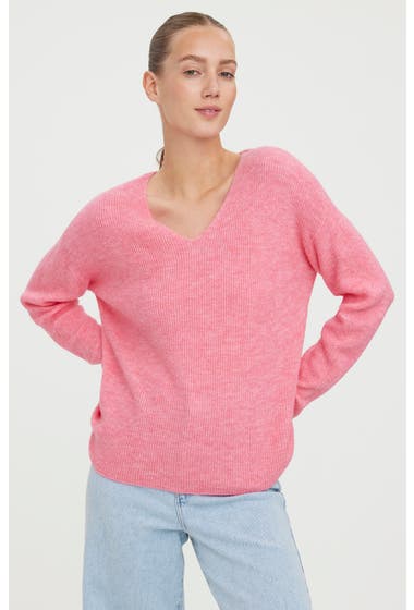 Imbracaminte Femei VERO MODA Crew Lefile V-Neck Sweater Hot Pink Melange image4