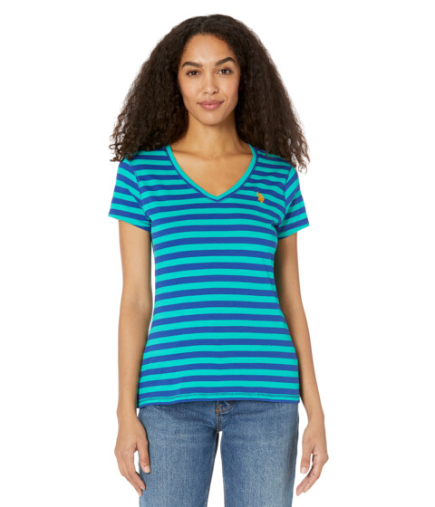 Imbracaminte Femei US Polo Assn Striped V-Neck Tee Shirt Deep Green image0