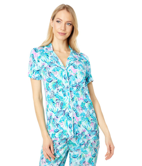 Imbracaminte Femei Lilly Pulitzer PJ Knit Short Sleeve Button-Up Top Seasalt Blue Barking Up The Palm Tree