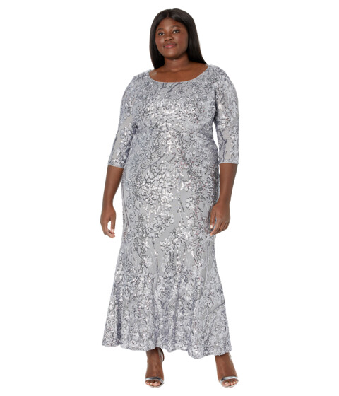 Imbracaminte Femei Alex Evenings Long Scoop Neck Dress with 34 Sleeves and Sequin Detail Silver