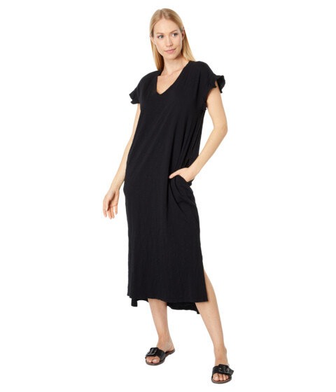 Imbracaminte Femei Mod-o-doc Slub Jersey Flounce Sleeve V-Neck Midi Dress Black