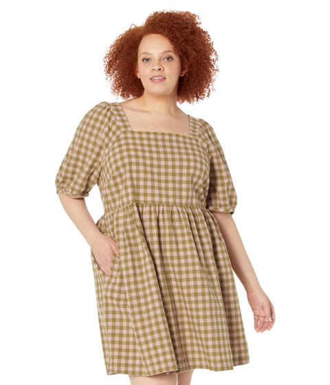 Imbracaminte Femei Madewell Plus Square-Neck Puff-Sleeve Dress in Gingham Seersucker Spiced Olive