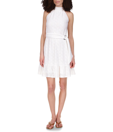 Imbracaminte Femei MICHAEL Michael Kors Eyelet Mock Neck Belted Mini Dress White