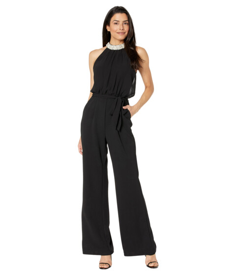 Imbracaminte Femei Adrianna Papell Stretch Crepe Chiffon Blouson Jumpsuit with Pearl Necklace Black