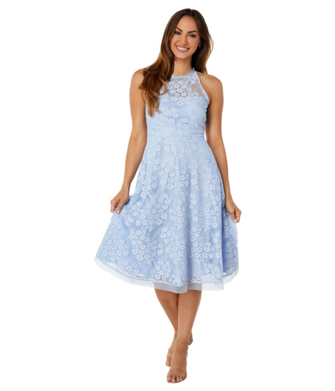 Imbracaminte Femei Vince Camuto Lace Ruffle Halter Neck Fit-and-Flare Midi Blue