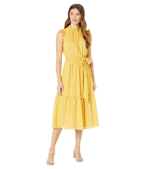 Imbracaminte Femei Maggy London Clip Dot Elastic Waist Dress with Ruffle Neck and Sleeves Yellow