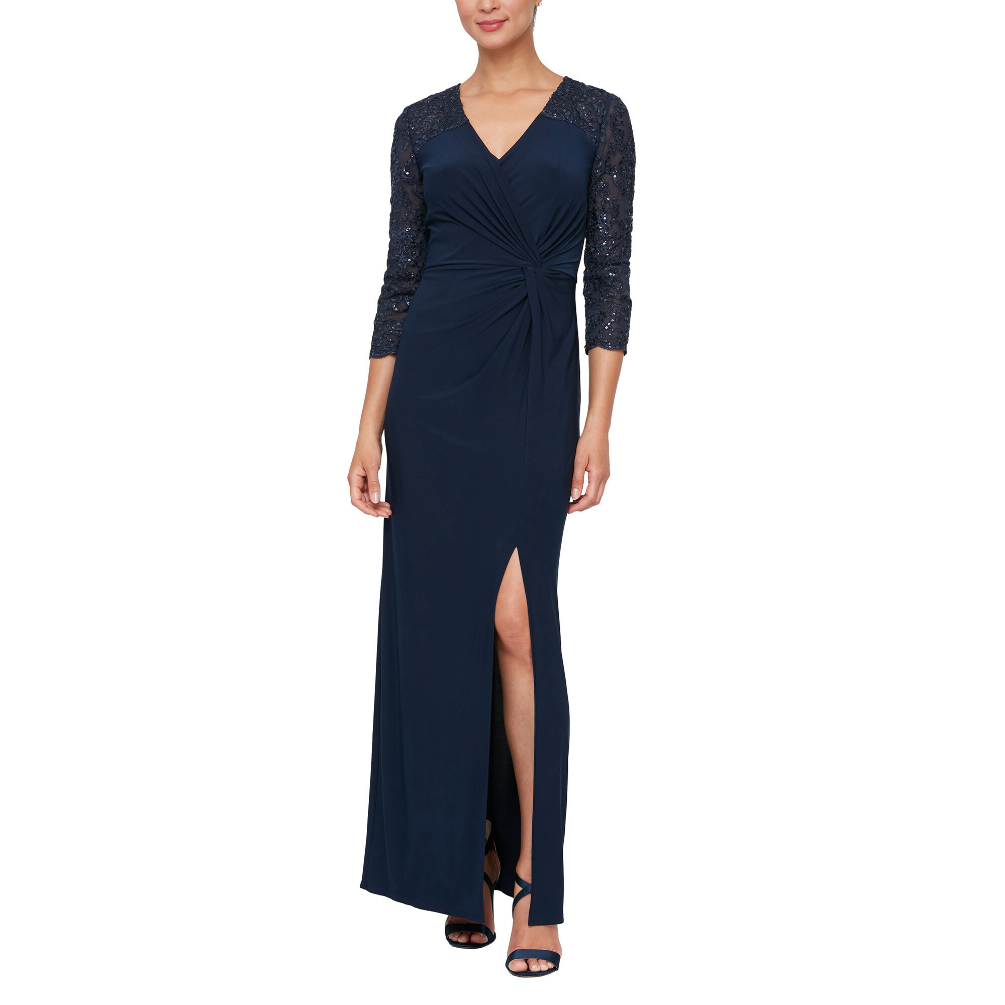 Imbracaminte Femei Alex Evenings Long Surplice Neckline Dress w Knot Front Embroidered Illusion Sleeves Navy