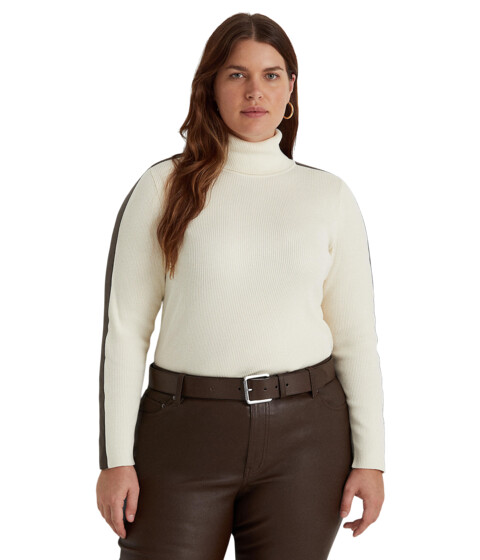 Imbracaminte Femei LAUREN Ralph Lauren Plus-Size Faux-Leather-Trim Turtleneck Sweater Mascarpone CreamChocolate