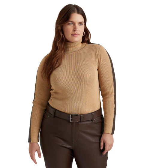 Imbracaminte Femei LAUREN Ralph Lauren Plus-Size Faux-Leather-Trim Turtleneck Sweater Classic Camel HeatherChocolate