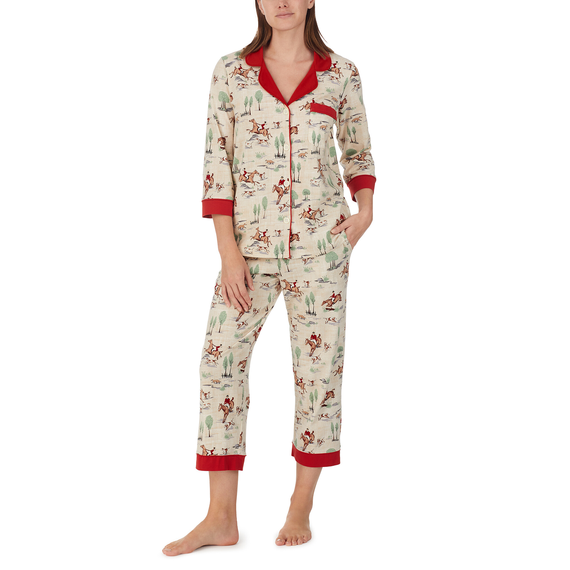 Imbracaminte Femei BedHead Pajamas Organic Cotton 34 Sleeve Cropped PJ Set Equestrian Toile