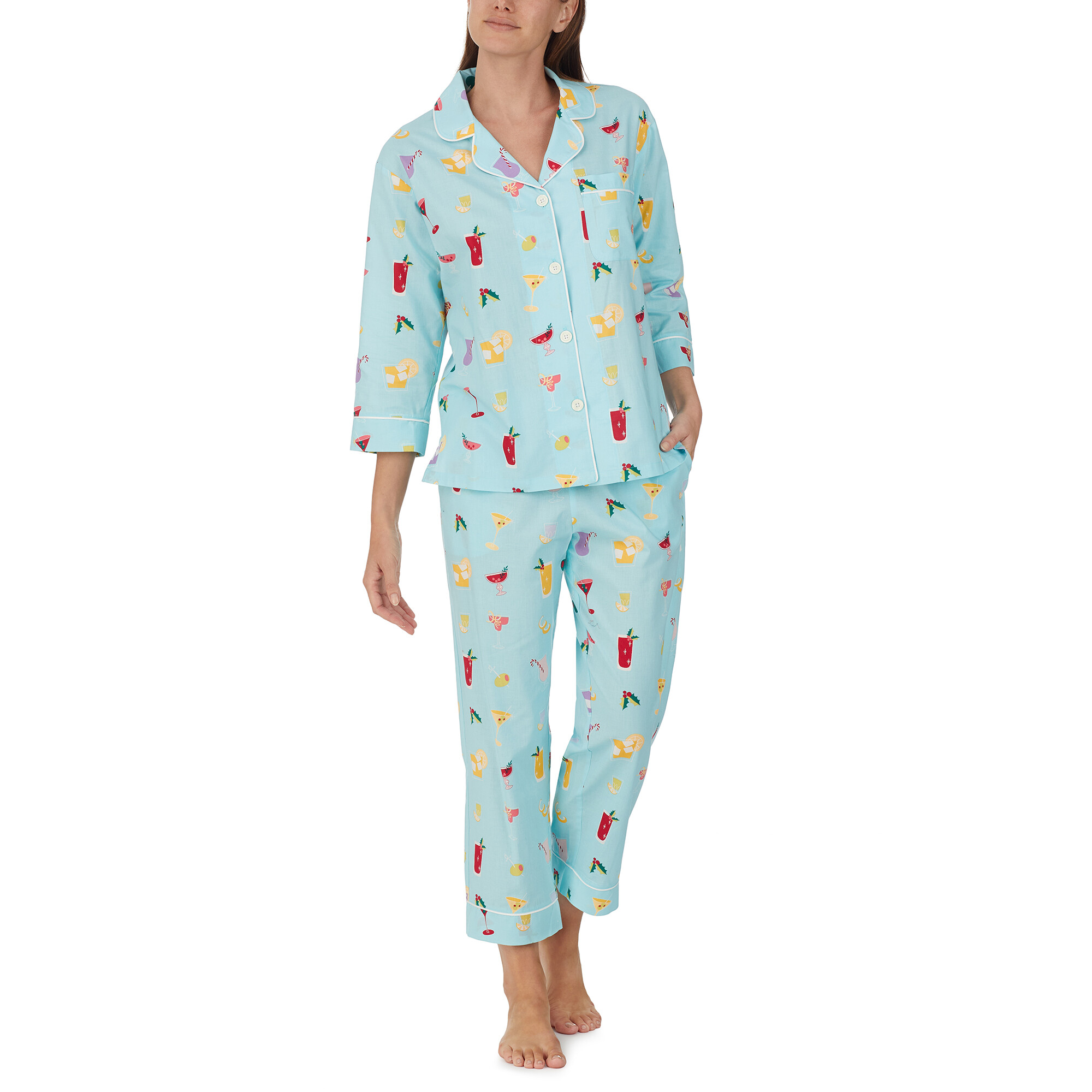 Imbracaminte Femei BedHead Pajamas Classic Woven 34 Crop Sleeve Pajama Set Festive Drinks