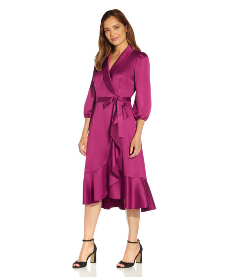 Imbracaminte Femei Adrianna Papell Satin Crepe Side Tie Wrap Dress with Cascade and Flounce Red Plum