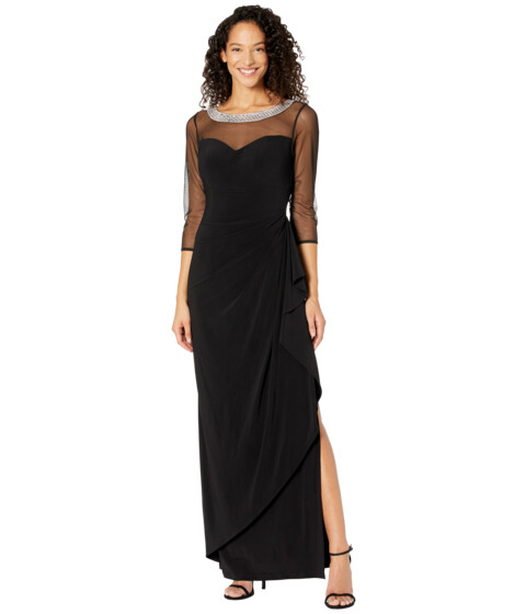 Imbracaminte Femei Alex Evenings Long Illusion 34'' Sleeve Side Ruched Dress w Embellished Neckline Black