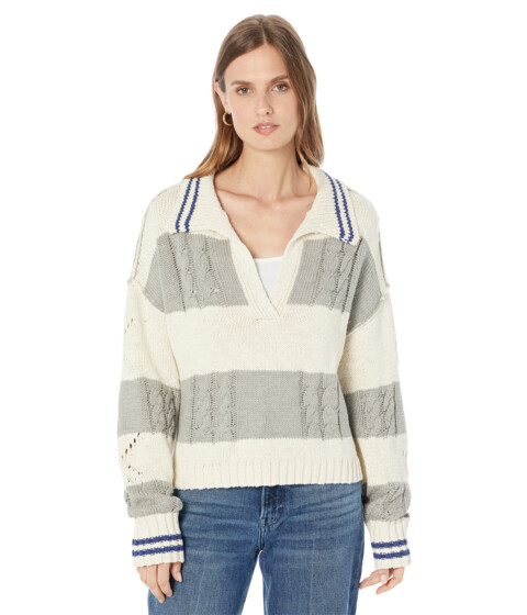 Imbracaminte Femei Lucky Brand Cable Stitch Collared Stripe Sweater Cream Grey Stripe