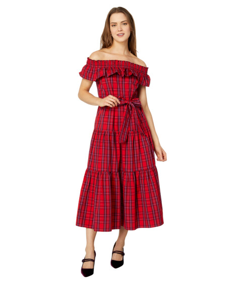 Imbracaminte Femei REIGNING CHAMP Off-the-Shoulder Tie Waist Dress in Angie Plaid Red